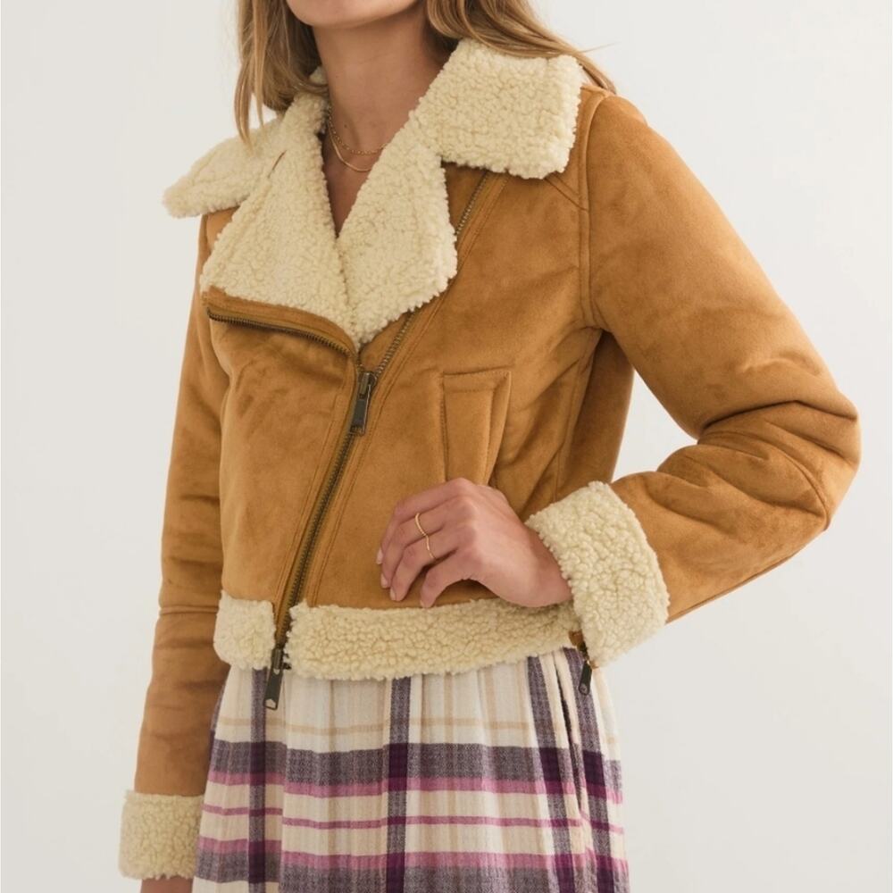 Marine Layer Chestnut Sherpa Moto Jacket L - Picture 12 of 13
